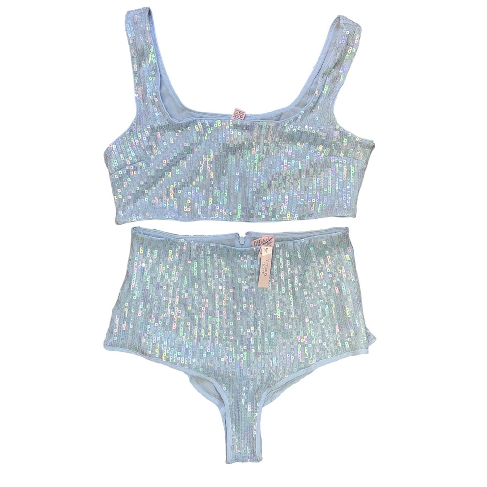 Victoria's Secret Light Blue Iridescent Sequin Bralette & High Waist Thong Set